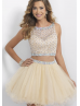 Two Piece Rhinestones Beaded Champagne Tulle Short Homecoming Dress